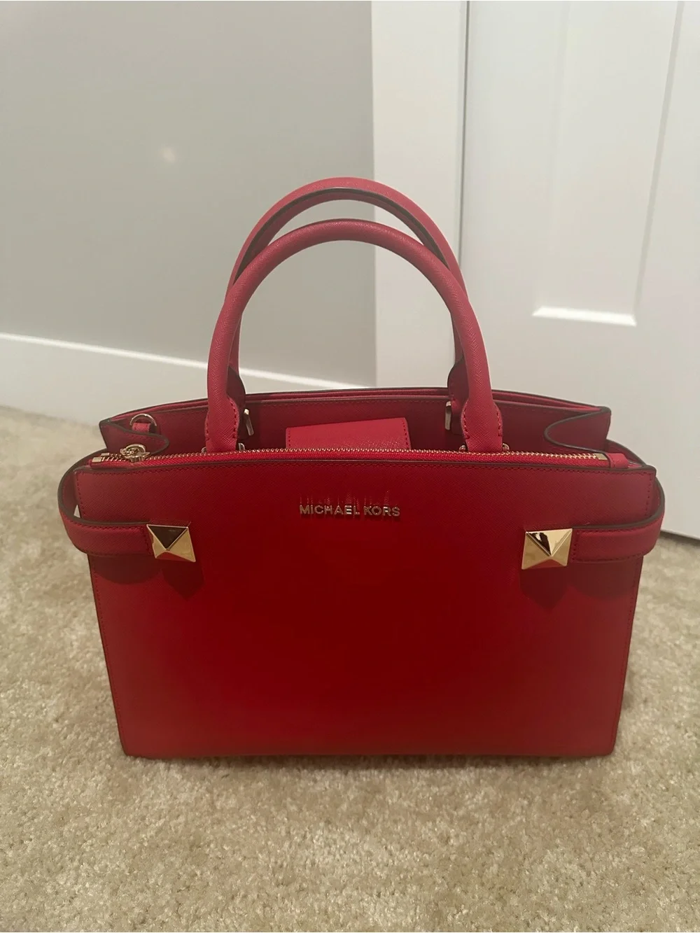 Michael Kors Red Saffiano Satchel with Gold Hardware